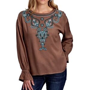 Roper Boho Western Embroidered Peasant Blouse-Women’s 2X-Ruffled Flowy Brown
